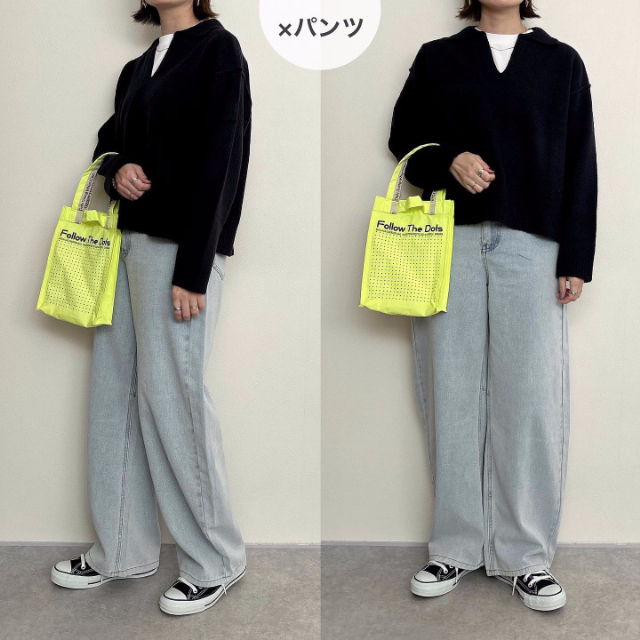 パフィータッチスキッパーポロセーターとデニムのコーデ