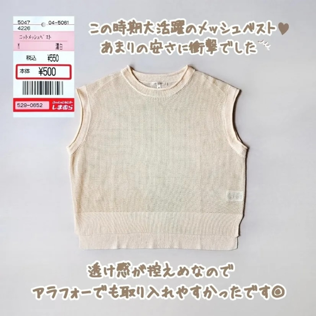 ベージュのニットメッシュベスト