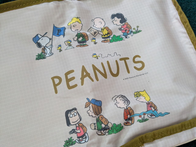 フロントのPEANUTSロゴと仲間たちの行進イラストのアップ