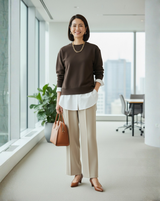 ブラウンのスムースコットンクルーネックセーターとパンツを着たコーデ