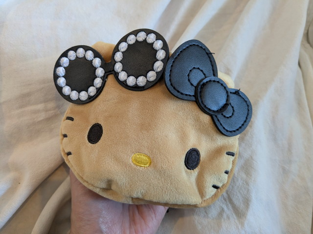 手に持った日焼けキティのぬいぐるみ（サイズ感がわかる写真）