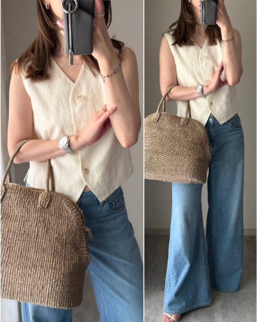 プレミアムリネンベストを着たコーデ