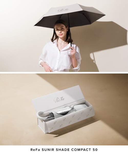ReFa SUNIR SHADE COMPACT 50を差すモデルと化粧箱