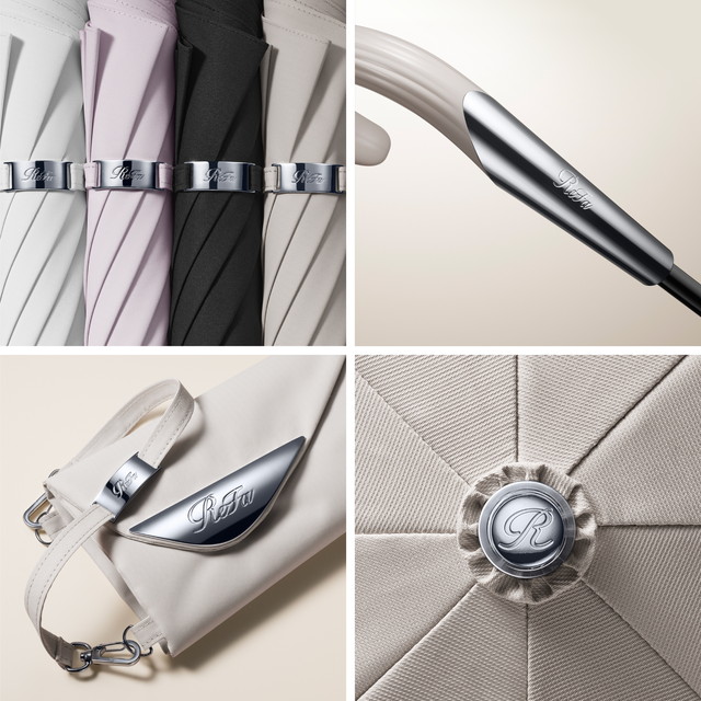 ReFa SUNIR SHADEのカラー展開・ハンドル・専用ポーチ・傘頂部のロゴエンブレム詳細