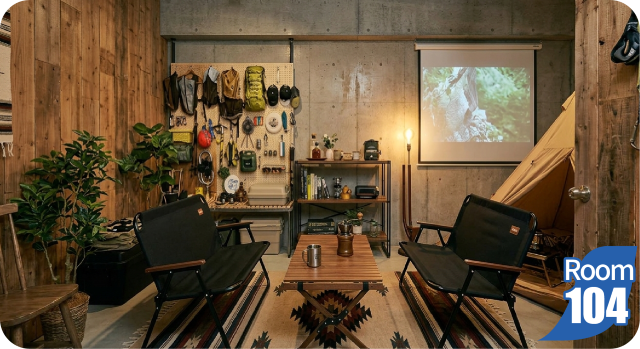 アウトドアグッズが壁に掛けられたナチュラルテイストな104号室の部屋