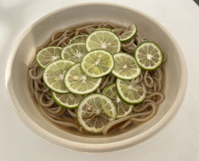 割烹 船生のすだちそば。白い器にそばが盛られ、輪切りにしたすだちがびっしりとのっている