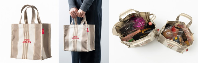 UNITED ARROWS×成城石井 オリジナルショッピングバッグ小サイズ。正面・手持ちイメージ・内側の収納の3カット
