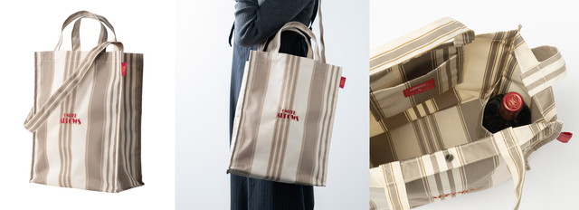 UNITED ARROWS×成城石井 オリジナルショッピングバッグ大サイズ。正面・ショルダーで持ったイメージ・内側のワインポケットと収納の3カット