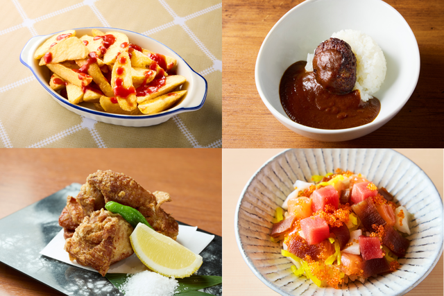キッズメニュー4選。ナチュラルフライドポテト、和牛キッズカレー、錦爽鶏唐揚げ、キッズばらちらし丼