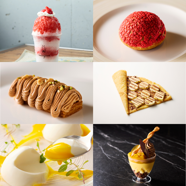 スイーツ6選。あまおうみるくかき氷、苺のざくざくシューアイス、モンブランロールケーキ、クレープ、パンナコッタ、マンゴーとショコラのパルフェ