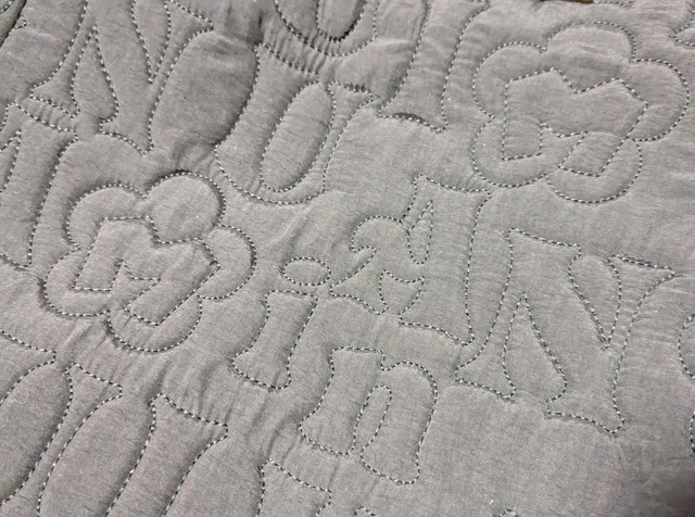 ANNA SUI miniトートバッグのキルティング生地アップ。ロゴと花柄のキルティングステッチが細かく施されている