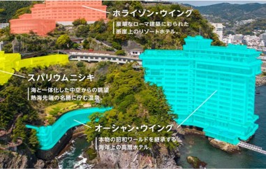 ホライゾン・ウイング、スパリウムニシキ、オーシャン・ウイングの位置を示すホテル全体図