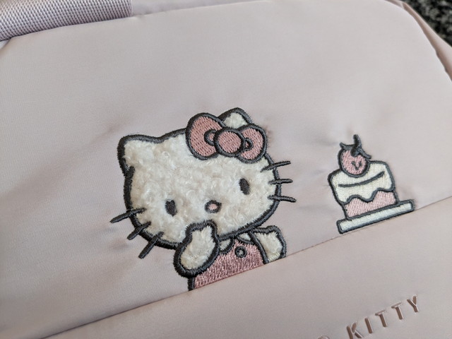 サガラ刺しゅうのハローキティとケーキのアップ